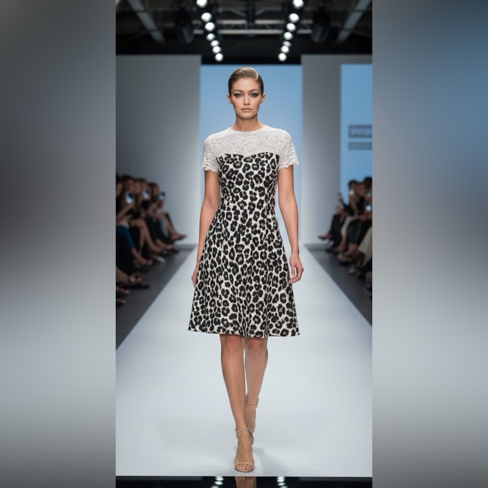 BLUGIRL Blumarine leopard print fit to flare dress with lace embellishments 8